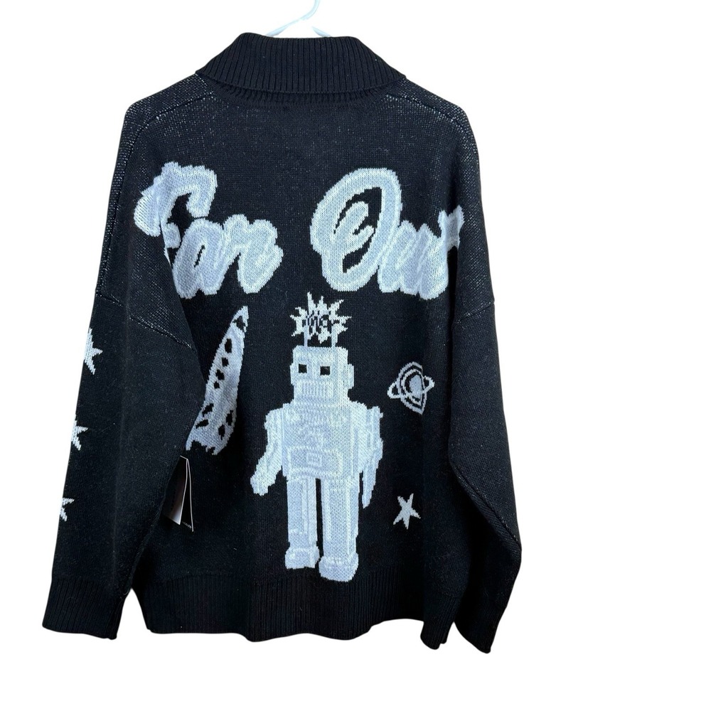Spirit Jersey Far Out Zippered Sweater Cardigan Full Zip Robots Black Sz M NWT‎